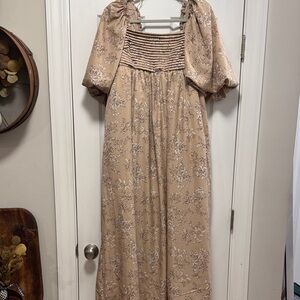 NWOT Worth Collective Melody Maxi Dress with Pleats and Bow Detail in Tan Floral